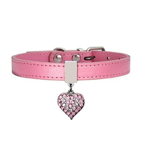 DQZRTUECA Hundehalsband, PU-Leder, verstellbares Haustierhalsband mit 5 verstellbaren Ösen, mit D-Ring und funkelnder Diamant-Herzdekoration for kleine bis mittelgroße Hunde(Pink,Xs 1.3cm*10in) von DQZRTUECA