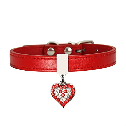 DQZRTUECA Hundehalsband, PU-Leder, verstellbares Haustierhalsband mit 5 verstellbaren Ösen, mit D-Ring und funkelnder Diamant-Herzdekoration for kleine bis mittelgroße Hunde(Red,M 1.3cm*14in) von DQZRTUECA