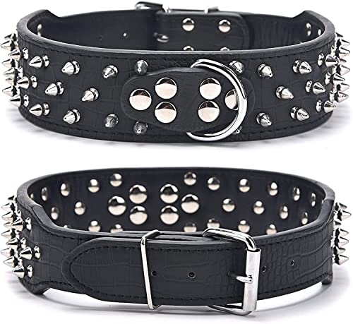 DQZRTUECA Hundehalsband aus Leder, mit Nieten, Anti-Biss-Pilznieten, verstellbare Welpenhalsbänder, PU-Halsschutz for Haustiere, robuster Halsreif(Black,5.0 * 56cm) von DQZRTUECA