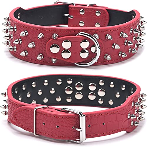 DQZRTUECA Hundehalsband aus Leder, mit Nieten, Anti-Biss-Pilznieten, verstellbare Welpenhalsbänder, PU-Halsschutz for Haustiere, robuster Halsreif(Red,5.0 * 51cm) von DQZRTUECA