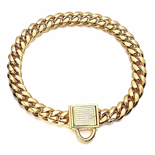 DQZRTUECA Hundekettenhalsband, goldenes Hundekettenhalsband, 14 mm breites kubanisches Glieder-Welpenhalsband aus Edelstahl mit Diamantverschluss, Bling-Würgehalsband for Hunde(24inch) von DQZRTUECA