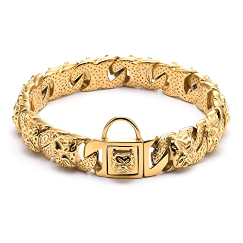 DQZRTUECA Hundekettenhalsband mit Schnalle, stark, robust, 32 mm dick, breit, Edelstahl, Metall, Gold, kubanische Glieder, Choke-Kettenhalsband for große Hunde(Gold,32mmx30cm) von DQZRTUECA