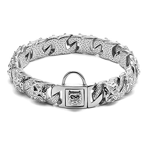 DQZRTUECA Hundekettenhalsband mit Schnalle, stark, robust, 32 mm dick, breit, Edelstahl, Metall, Gold, kubanische Glieder, Choke-Kettenhalsband for große Hunde(Silver,32mmx70cm) von DQZRTUECA