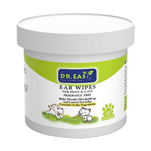 Dr.Easy 120ct Haustier-Ohrenpflegetücher für Hunde und Katzen parfümfrei, hilft Wachsablagerungen aufzulösen,das Geruch die Kompostierbarkeit des Ohrs zu kontrollieren, natürliche Reinigung von DR. EASY