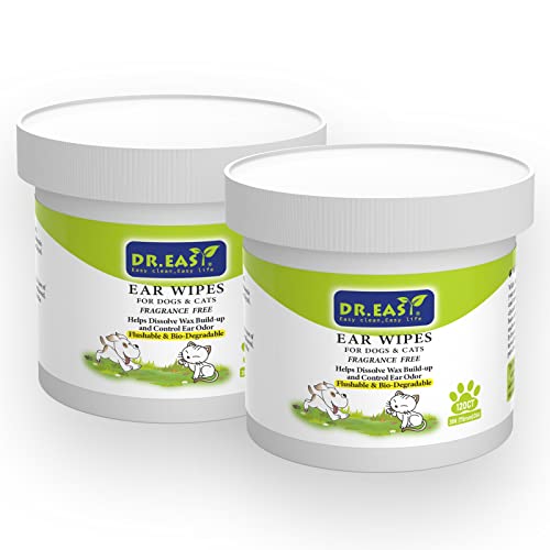 Dr. Easy 120 ct Haustier-Ohrpflegetücher für Hunde und Katzen, parfümfrei, hilft Wachsbildung zu lösen und die Ohren zu kontrollieren, stoppt Ohrjucken, natürliche Reinigung (240 Karat) von DR. EASY