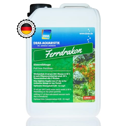 DRAK-Aquaristik® Ferrdrakon Fertiglösung 3,0l Eisendünger Aquarium | Aquarium Pflanzendünger hochkonzentriert | Flüssig Dünger für Intensive Blattfärbung | Basis-Düngung für Aquarienpflanzen Wachstum von DRAK-Aquaristik