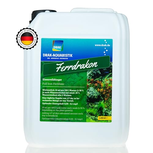 DRAK-Aquaristik® Ferrdrakon Fertiglösung 5,0l Eisendünger Aquarium | Aquarium Pflanzendünger hochkonzentriert | Flüssig Dünger für Intensive Blattfärbung | Basis-Düngung für Aquarienpflanzen Wachstum von DRAK-Aquaristik