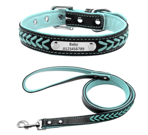 Personalisierte Geflochten Hundehalsband aus Leder mit Kontaktdaten Namensschild Eingraviertem Personalisierbar Hundehalsbänder, Für Mittlere und Große Hunde (Blau Leine M:17") von DRAVYAM