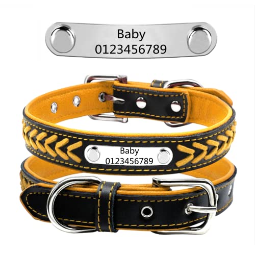 Personalisierte Geflochten Hundehalsband aus Leder mit Kontaktdaten Namensschild Eingraviertem Personalisierbar Hundehalsbänder, Für Mittlere und Große Hunde (Gelb L:20.5") von DRAVYAM