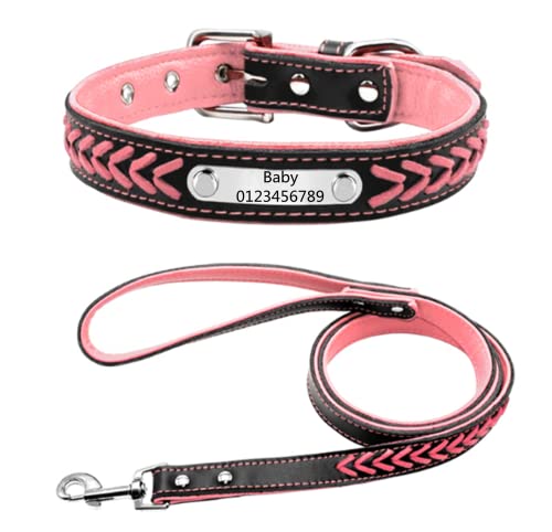 Personalisierte Geflochten Hundehalsband aus Leder mit Kontaktdaten Namensschild Eingraviertem Personalisierbar Hundehalsbänder, Für Mittlere und Große Hunde (Rosa Leine L:20.5") von DRAVYAM