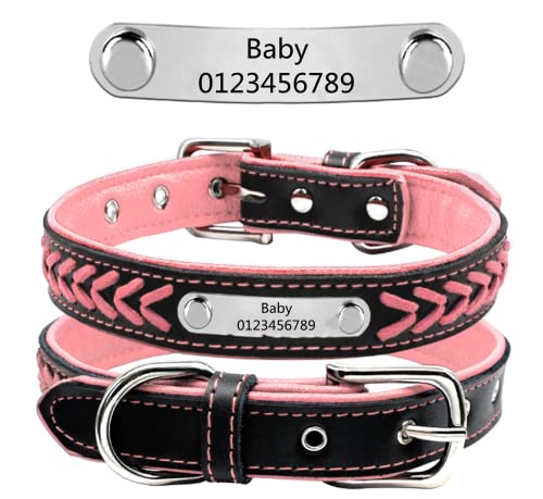 Personalisierte Geflochten Hundehalsband aus Leder mit Kontaktdaten Namensschild Eingraviertem Personalisierbar Hundehalsbänder, Für Mittlere und Große Hunde (Rosa XL:24.5") von DRAVYAM