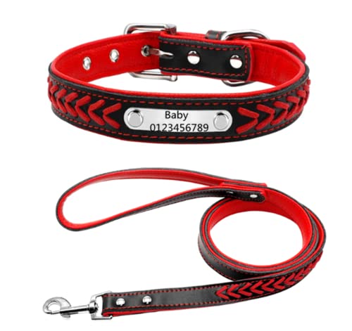 Personalisierte Geflochten Hundehalsband aus Leder mit Kontaktdaten Namensschild Eingraviertem Personalisierbar Hundehalsbänder, Für Mittlere und Große Hunde (Rot Leine L:20.5") von DRAVYAM