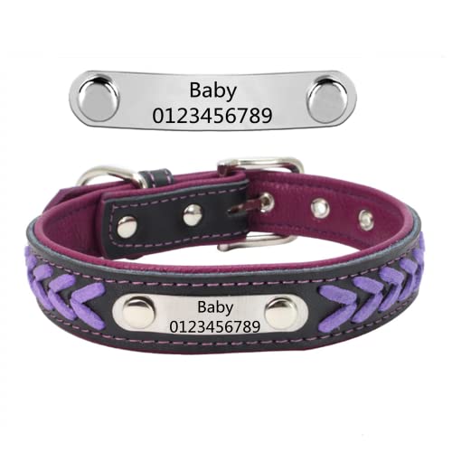 Personalisierte Geflochten Hundehalsband aus Leder mit Kontaktdaten Namensschild Eingraviertem Personalisierbar Hundehalsbänder, Für Mittlere und Große Hunde (Violett L:20.5") von DRAVYAM