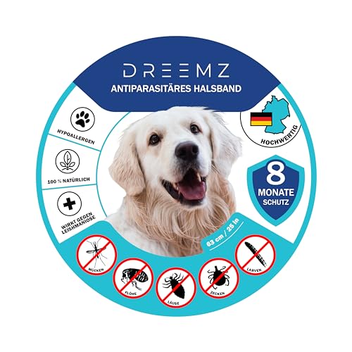 DREEMZ ® Flohschutz Halsband für Hunde – Zeckenhalsband - Flohhalsband (100% Natürlich) - Schutzhalsband gegen Flöhe - 8 Monate Schutz - 63cm verstellbar für alle Größen- Wasserfest- 1 Stück Grau von DREEMZ