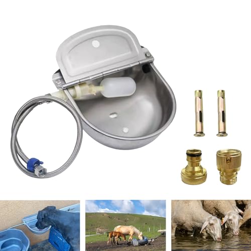 Vieh Automatischer Wasserspender, Edelstahl Haustier Wasserbrunnen mit Schwimmerventil & Wasserschlauch & Adapter & Schrauben, Outdoor Wassertröge für Vieh, Hunde, Schwein, Pferd, Huhn von DRSUMLF