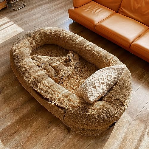 Humanoid Hundebett Waschbar Kunstpelz Humanoid Hundebett Für Menschen Dösen Hundebett Jumbo Hundebett Mit Decke Für Menschen Zuhause Haustiere (Braun, 5XL) von DRYIC