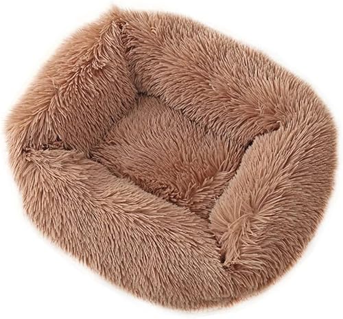 DSAoTeng Donut-Bett für Hunde und Katzen, flauschiges Plüschbett, rechteckig, warm und weich, gemütlich, mit rutschfester Unterseite, waschbar (L x B x H): 80 x 65 x 18 cm, Hellbraun von DSAoTeng