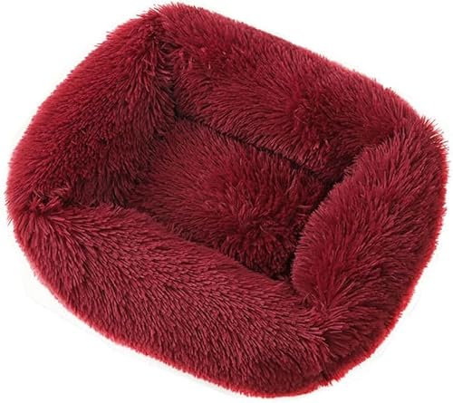 DSAoTeng Donut-Bett für Hunde und Katzen, flauschiges Plüschbett, rechteckig, warm und weich, mit rutschfester Unterseite und waschbar (L x B x H): 80 x 65 x 18 cm, Burgunderrot von DSAoTeng