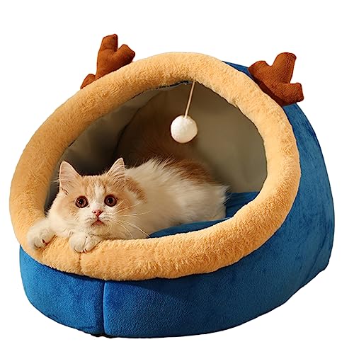 DSOPV Katzenbett, Herbst und Winter, warme Katzenhütte, Katzenbetthöhle mit abnehmbarem, waschbarem, gepolstertem Kissen, Plüsch-Katzenbett, für Katzen bis zu 10 kg (Blau, ca. 40 x 40 x 32 cm) von DSOPV