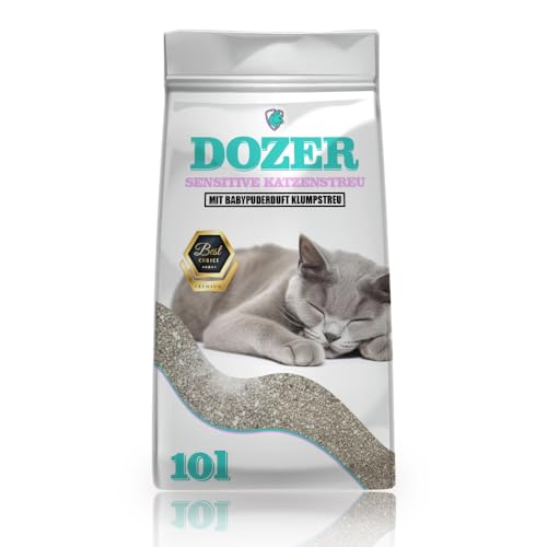 10 Liter Dozer Katzenstreu 10L Sensitive mit Babypuderduft Klumpstreu Premium Katzenstreu mit Babypuder-Duft - Feine Klumpstreu aus Bentonit 10L von DTP-SOFT