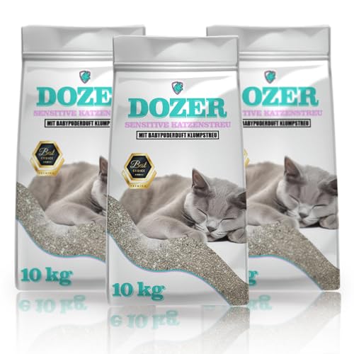 10kg Dozer Katzenstreu Sensitive mit Babypuderduft Klumpstreu Premium 39L | Katzenstreu mit Babypuder-Duft - Feine Klumpstreu aus Bentonit 3 x 10 kg 39 Liter von DTP-SOFT