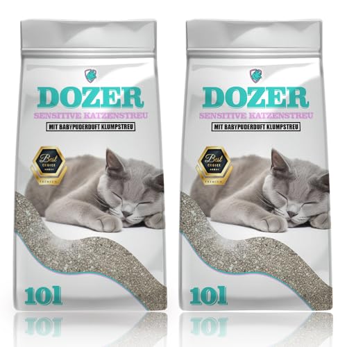 20 Liter Dozer Katzenstreu 20L Sensitive mit Babypuderduft Klumpstreu Premium Katzenstreu mit Babypuder-Duft - Feine Klumpstreu aus Bentonit 2 x 10L von DTP-SOFT