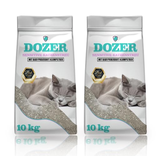 20kg Dozer Katzenstreu Sensitive mit Babypuderduft Klumpstreu Premium 26L | Katzenstreu mit Babypuder-Duft - Feine Klumpstreu aus Bentonit 2 x 10 kg 26 Liter von DTP-SOFT