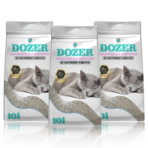 30 Liter Dozer Katzenstreu Sensitive mit Babypuderduft Klumpstreu Premium 30L | Katzenstreu mit Babypuder-Duft - Feine Klumpstreu aus Bentonit 3 x 10L von DTP-SOFT