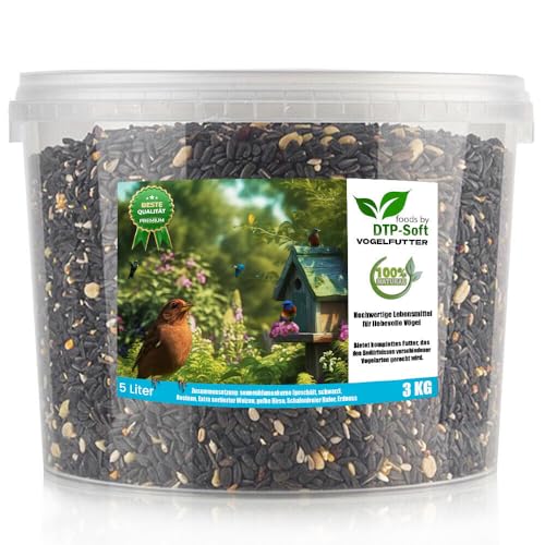 Vogelfutter Premium | Wildvogelfutter | Streufutter für Vögel Ganzjahresfütterung | Sonnenblumenkerne, Erdnüsse Rosinen, Getreide | Gimpel, Kleiber, Amsel | im Eimer | (3 kg, Mix A) von DTP-SOFT