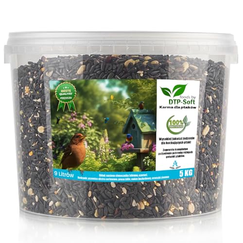 Vogelfutter Premium | Wildvogelfutter | Streufutter für Vögel Ganzjahresfütterung | Sonnenblumenkerne, Erdnüsse Rosinen, Getreide | Gimpel, Kleiber, Amsel | im Eimer | (5 kg, Mix A) von DTP-SOFT