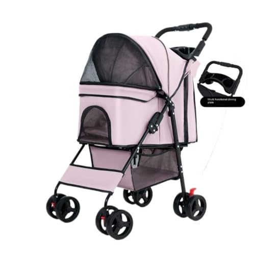 Hundewagen Haustier-Kinderwagen, Hunde-Kinderwagen, Faltbar, Einfache Installation, Zusammenklappbar, Praktisches Abendessen-Tablett, Hundewagen Kinderwagen Für Haustiere(Pink) von DTQBYOY