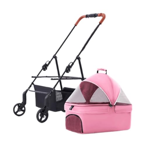 Hundewagen Haustier-Kinderwagen, Hunde- Und Katzen-Kinderwagen, Kleiner Haustier-Kinderwagen for Ausflüge, Leichtes, Abnehmbares Einzelrad Kinderwagen Für Haustiere(Pink) von DTQBYOY