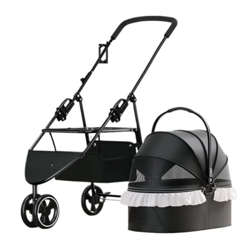 Hundewagen Haustier-Kinderwagen, Leichter, Mit Spitze Verzierter Katzen- Und Hunde-Kinderwagen, Abnehmbarer, Faltbarer, Doppelt Verwendbarer Haustier-Kinderwagen Kinderwagen Für Haustiere(Black) von DTQBYOY