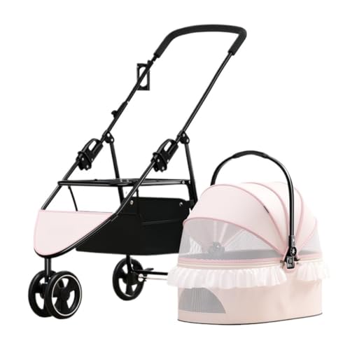 Hundewagen Haustier-Kinderwagen, Leichter, Mit Spitze Verzierter Katzen- Und Hunde-Kinderwagen, Abnehmbarer, Faltbarer, Doppelt Verwendbarer Haustier-Kinderwagen Kinderwagen Für Haustiere(Pink) von DTQBYOY