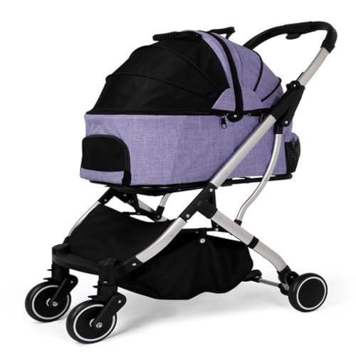 Hundewagen Leichter, Zusammenklappbarer Haustier-Kinderwagen, Hunde- Und Katzentasche, Doppellagiger Out-and-Out-Kinderwagen, Praktischer Haustier-Kinderwagen Kinderwagen Für Haustiere(Purple) von DTQBYOY