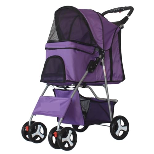 Hundewagen Leichter Zusammenklappbarer Haustier-Kinderwagen for Welpen, Katzen, Hunde, Vierrad-Haustier-Kinderwagen, Hunde-Kinderwagen, Haustierwagen Kinderwagen Für Haustiere(Purple) von DTQBYOY