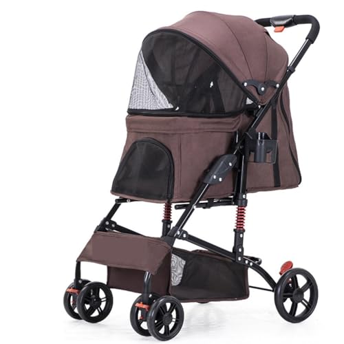 Hundewagen Leichter zusammenklappbarer Haustier-Kinderwagen for Welpen und Kätzchen, Vierrad-Haustier-Kinderwagen, Hunde-Kinderwagen, Haustierwagen Kinderwagen Für Haustiere(Brown) von DTQBYOY