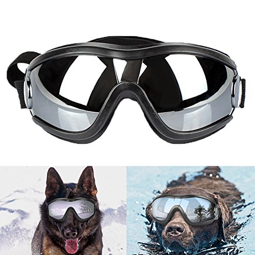 DUBENS Fashion Hundebrille Sonnenbrille Wasserdichten Schutz Sun-Brille, UV-Schutz Eyewear Goggles Schutzbrille, Einstellbar Haustier Brillen, Geeignet für mittlere und große Hunde, Schwarz von DUBENS