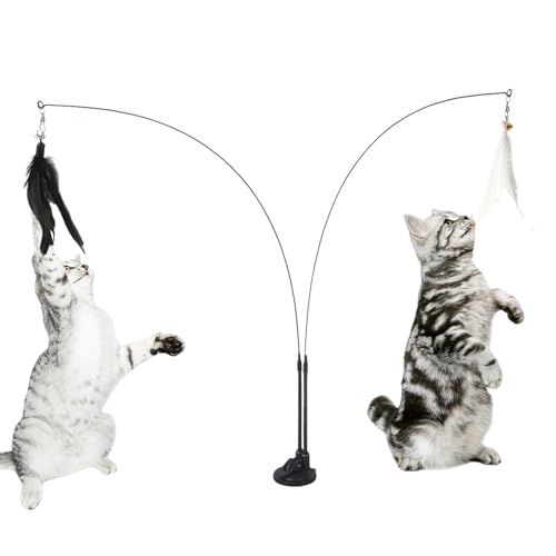 DUDOK Katzen-Angelstock-Spielzeug, Federstab Kätzchenspielzeug, Interaktives Katzenspielzeug für Hauskatzen mit klebrigem Super-Saugnapf, abnehmbarem Ersatzfederstab von DUDOK