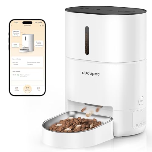 DUDUPET Futterautomat Katze - 4L Automatischer Futterspender Katze mit 2.4G WiFi-Fernbedienung, duale Stromversorgung, 10 Sekunden Sprachaufzeichnung, Edelstahlnapf von DUDUPET