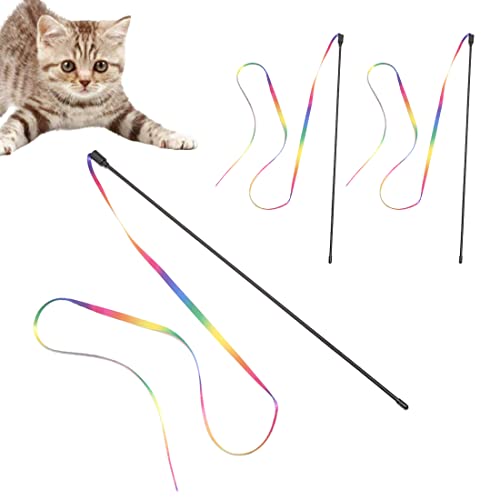 DULSPUE 3 Stück - Interaktiver Zauberstab für Katzen, Regenbogen Zauberstab für Katzen Spielzeug， Katzenbeschwörer Schnur Kätzchen Band Spielzeug Bandbeschwörer für das Spielen von(30cm) von DULSPUE