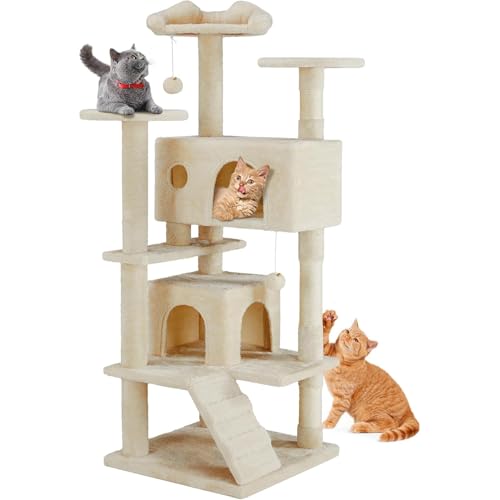 DUMOS Katzen Kratzbaum, 135 cm Katzenbaum Kletterturm, Katzenkratzbaum, Cat Tree mit Höhle, Komplett mit Sisal Umwickelt, Scratching Post, Aktivitätskratzbäume für Katzen Jeden Alters (Beige) von DUMOS