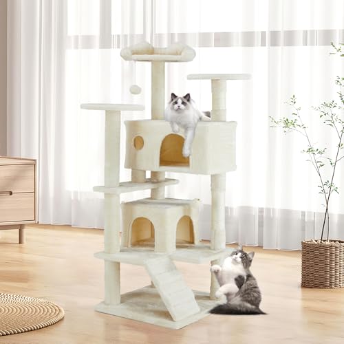 DUMOS Katzen Kratzbaum, 135 cm Katzenbaum Kletterturm, Katzenkratzbaum, Cat Tree mit Höhle, Komplett mit Sisal Umwickelt, Scratching Post, Aktivitätskratzbäume für Katzen Jeden Alters (Beige) von DUMOS