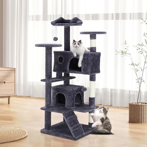 DUMOS Katzen Kratzbaum, 135 cm Katzenbaum Kletterturm, Katzenkratzbaum, Cat Tree mit Höhle, Komplett mit Sisal Umwickelt, Scratching Post, Aktivitätskratzbäume für Katzen Jeden Alters (Dunkelgrau) von DUMOS