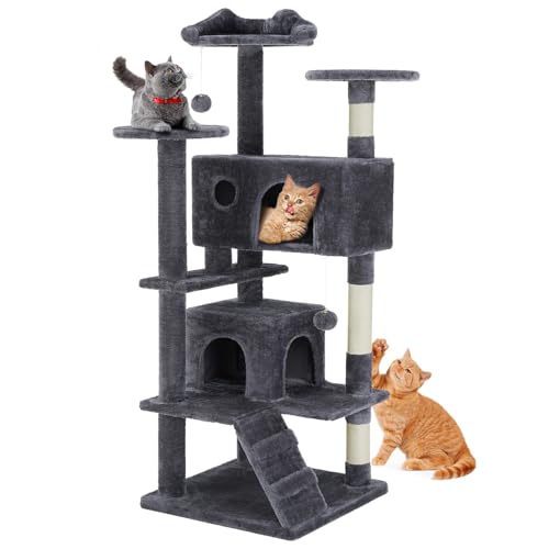 DUMOS Katzen Kratzbaum Groß, 135 CM Katzenbaum Kletterturm, Katzenkratzbaum, Cat Tree mit Höhle, Komplett mit Sisal Umwickelt, Scratching Post, Aktivitätskratzbäume für Katzen Jeden Alters(Dunkelgrau) von DUMOS