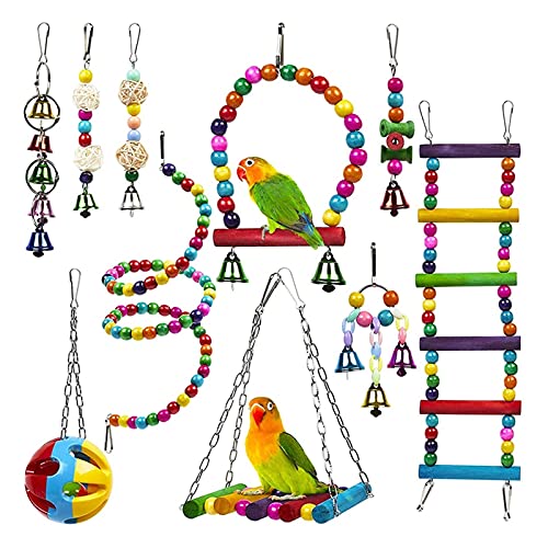 Vogelspielzeug 10 Pack Vogelkäfig Spielzeug für Papageien Swing Hängende Kaubrücke Bissbrücke Holzperlen Ball Bell Spielzeug Papageienspielzeug von DUNSBY