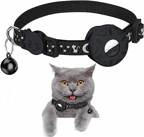 Duojin Katzenhalsband mit AirTag Reflektierende Halsband Katze mit Glocke und abbrechbarer Sicherheitsschnalle für Kätzchen Welpen (Schwartz) von DUOJIN