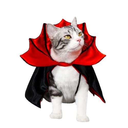 Halloween Katze Vampir Umhang Kostüm Halloween Verstellbarer Haustier Umhang Kostüm Kleidung, Halloween Haustier Zubehör Kostüm Kleine Katzen Hunde Tiere Party Haustier Cosplay (Schwarz/Rot, von DUSTNIX