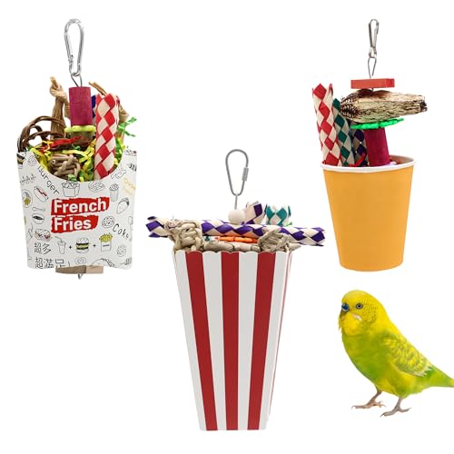 DVHEY Vogelschnipselspielzeug, lustiges Sittich-Kaupapier, Popcorn-Box für Vögel, hängende Bambusfalle, Käfigzubehör, Papageienspielzeug (1 Set (Pommes Frites + gestreift + orangefarbene Tasse) von DVHEY