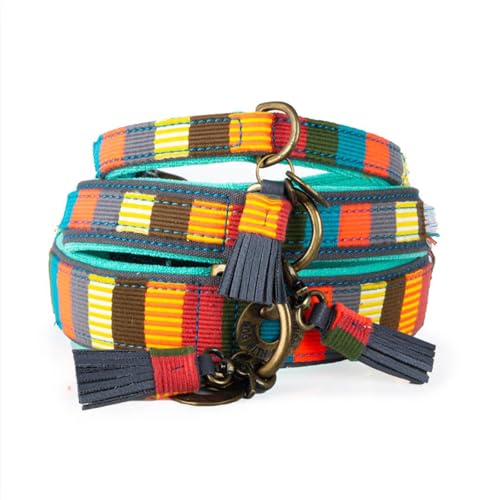 DWAM Dog with a Mission - Hundehalsband L | Bunt Gestreift | Blau/Gelb/Rot/Türkis | Verstellbar | Große Hunde | Handgemacht | Ethno/Nautisch Design | Ibiza Stil | Modisch buntes Muster | 2,5 cm Breit von DWAM Dog with a Mission